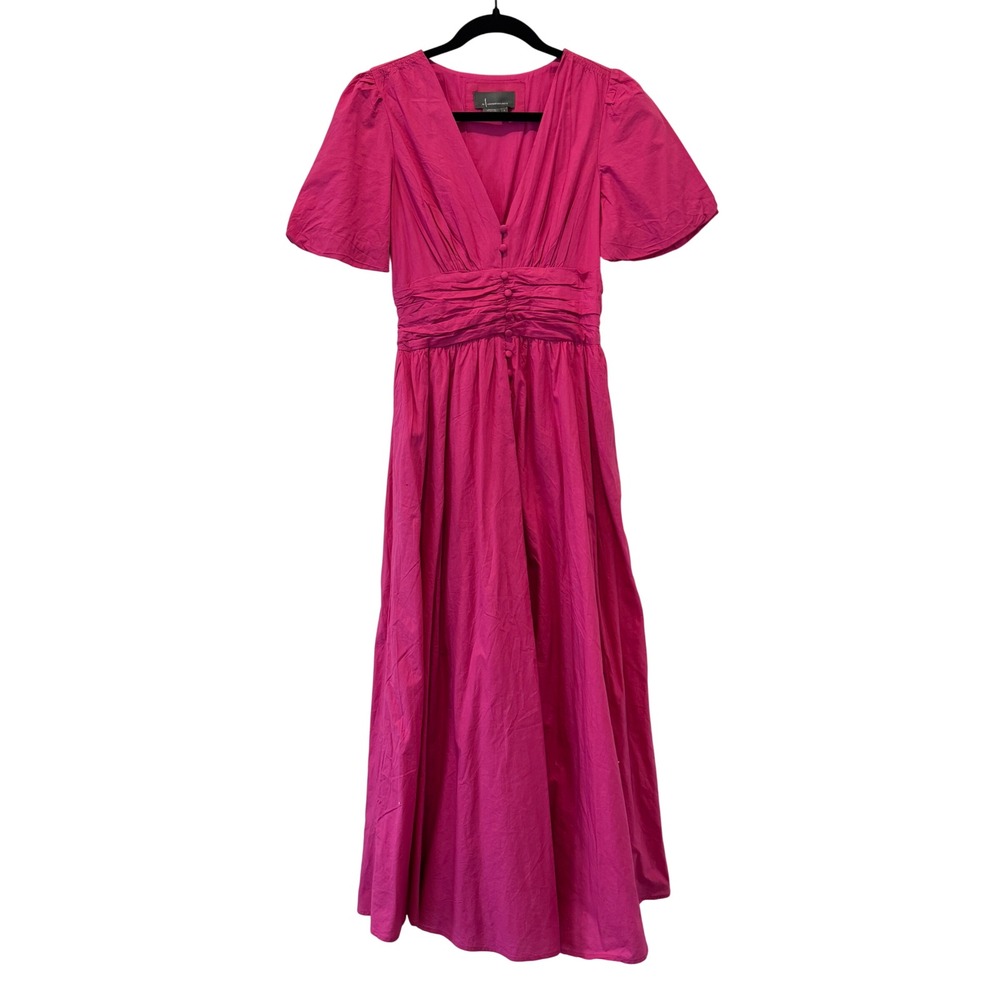 Anthropologie Midi Dress Womens S V-Neck Ruched Waist Pockets Pink Short Sleeve